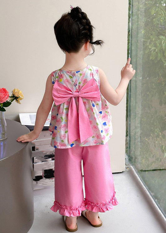 New Pink Print Bow Girls Vest And Crop Pants Two Pieces Set Summer