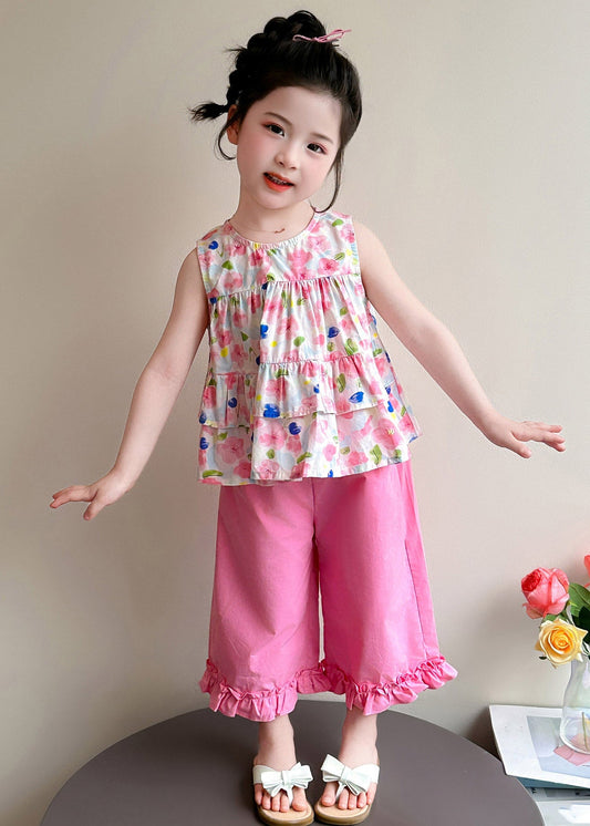 New Pink Print Bow Girls Vest And Crop Pants Two Pieces Set Summer
