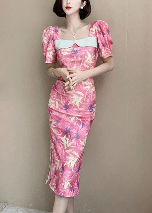 Neu Rosa Print Seite Offen Baumwolle Kleider Sommer