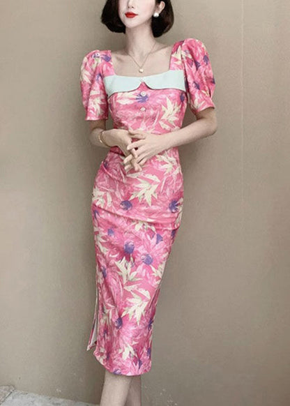 Neu Rosa Print Seite Offen Baumwolle Kleider Sommer