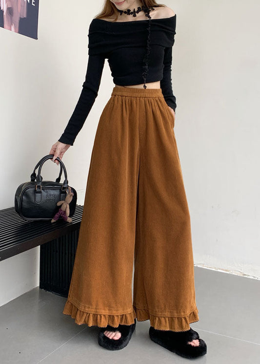 Nuevos pantalones anchos de pana con patchwork y volantes rosas para primavera