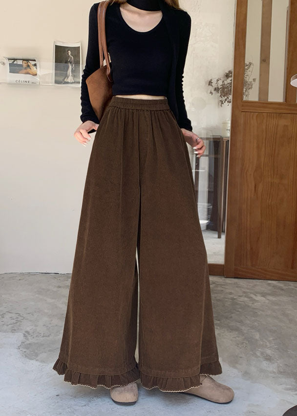 Nuevos pantalones anchos de pana con patchwork y volantes rosas para primavera