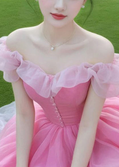 New Pink Slash Neck Patchwork Chiffon Party Dress Summer