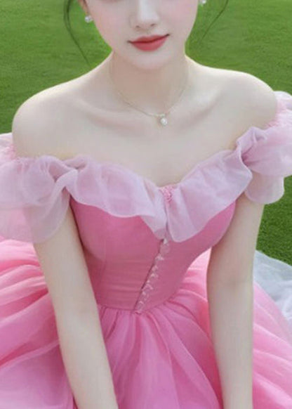 New Pink Slash Neck Patchwork Chiffon Party Dress Summer