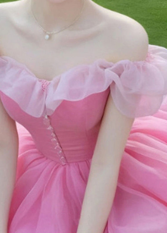New Pink Slash Neck Patchwork Chiffon Party Dress Summer