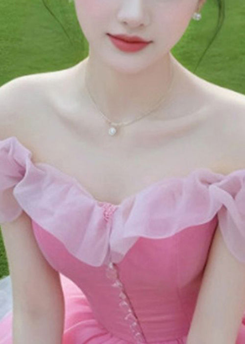 New Pink Slash Neck Patchwork Chiffon Party Dress Summer