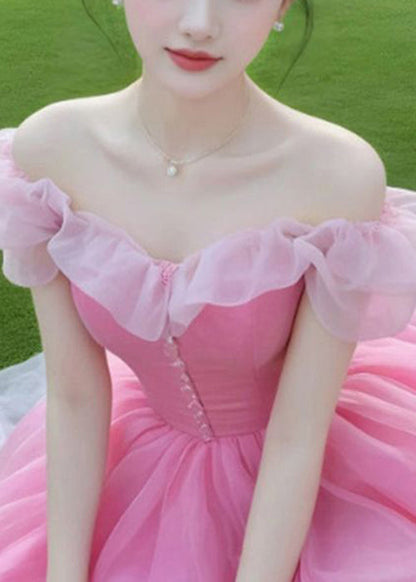 New Pink Slash Neck Patchwork Chiffon Party Dress Summer