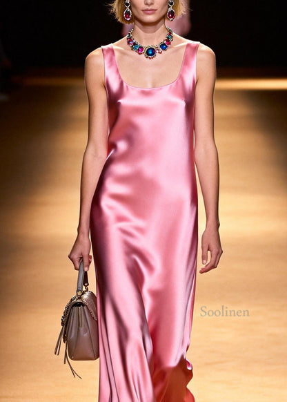 New Pink U Neck Draping Silk Maxi Dresses Sleeveless