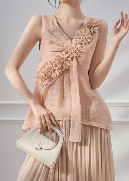 New Pink V Neck Floral Linen Shirt Tops Sleeveless