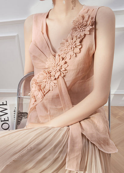 New Pink V Neck Floral Linen Shirt Tops Sleeveless