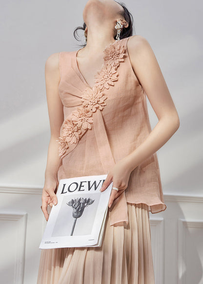 New Pink V Neck Floral Linen Shirt Tops Sleeveless