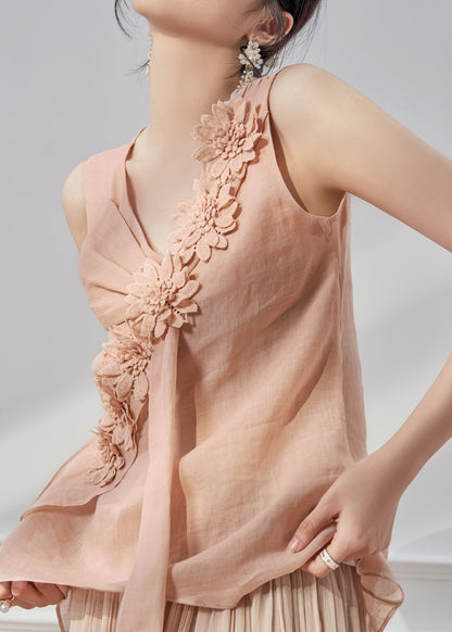 New Pink V Neck Floral Linen Shirt Tops Sleeveless