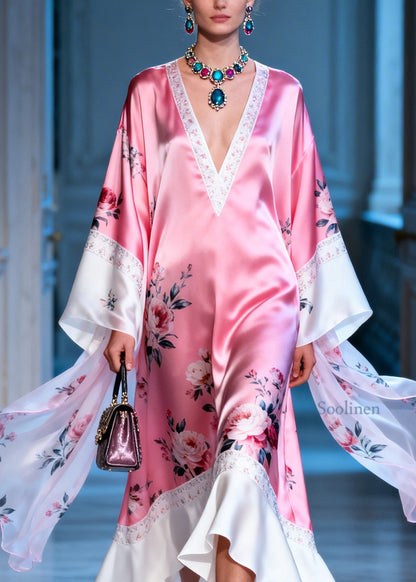 New Pink V Neck Print Patchwork Silk Ankle Dress Summer