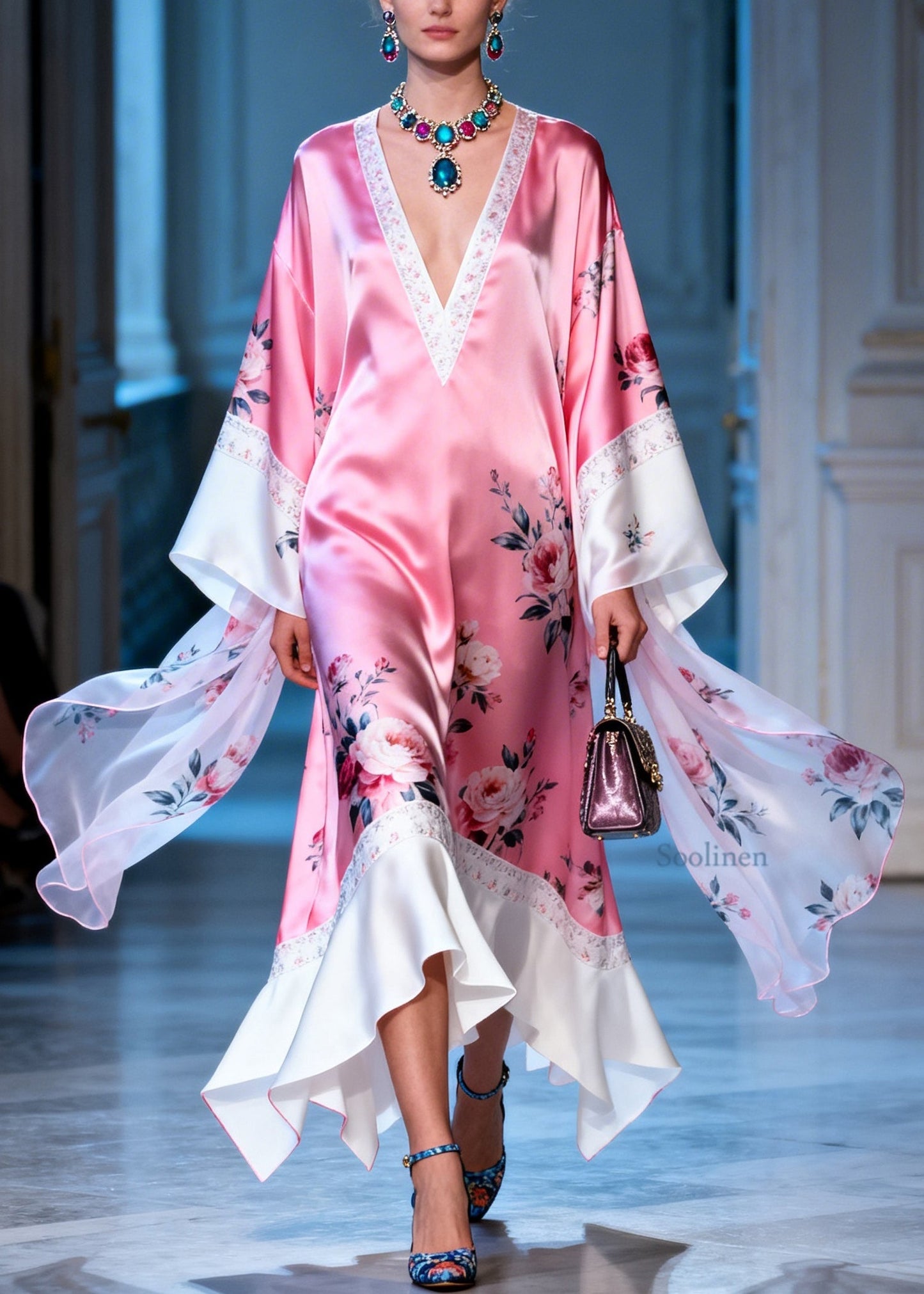 New Pink V Neck Print Patchwork Silk Ankle Dress Summer