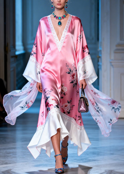 New Pink V Neck Print Patchwork Silk Ankle Dress Summer