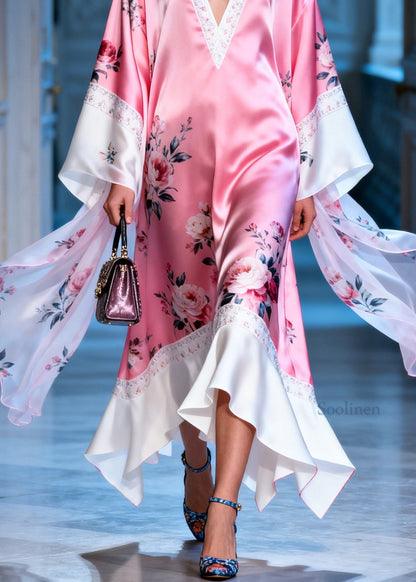 New Pink V Neck Print Patchwork Silk Ankle Dress Summer