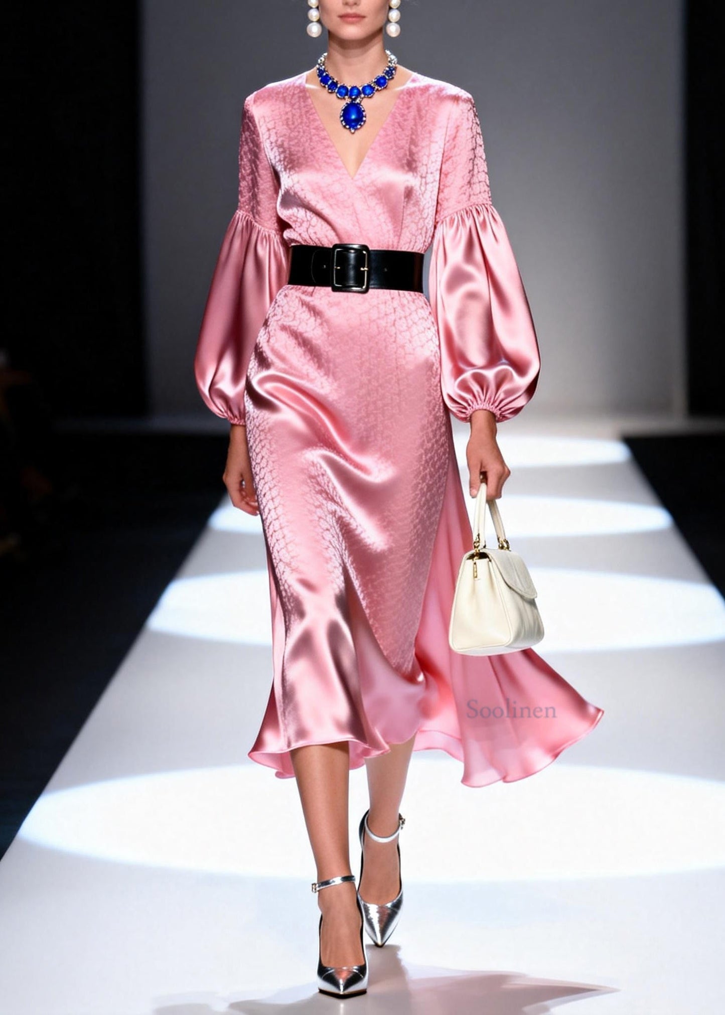 New Pink V Neck Print Patchwork Silk Long Dresses Lantern Sleeve