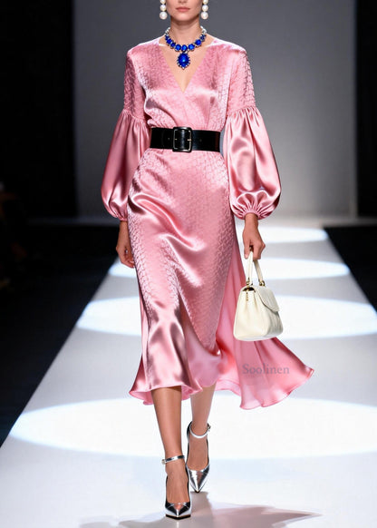 New Pink V Neck Print Patchwork Silk Long Dresses Lantern Sleeve