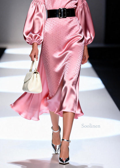 New Pink V Neck Print Patchwork Silk Long Dresses Lantern Sleeve