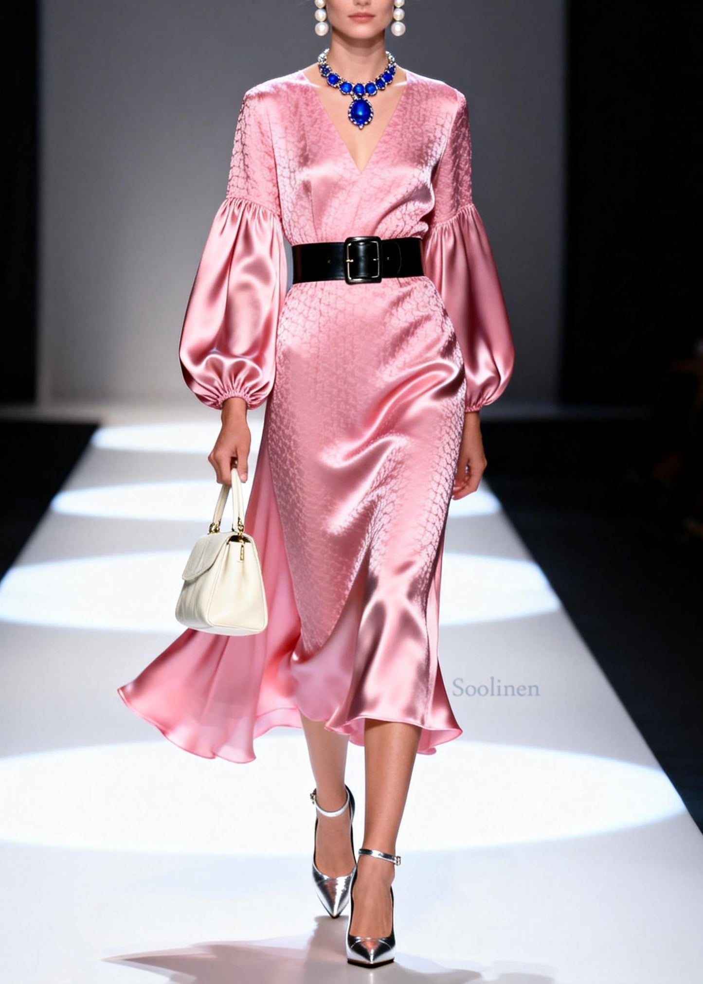 New Pink V Neck Print Patchwork Silk Long Dresses Lantern Sleeve