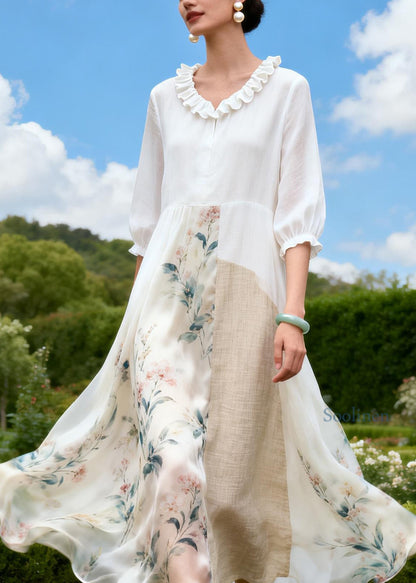 New Plus Size Ruffled Print Patchwork Linen Silk Dress Summer