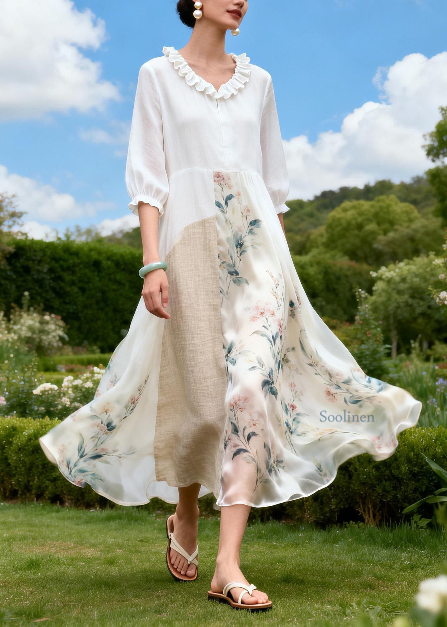 New Plus Size Ruffled Print Patchwork Linen Silk Dress Summer