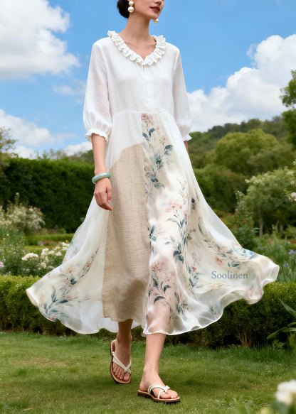 New Plus Size Ruffled Print Patchwork Linen Silk Dress Summer