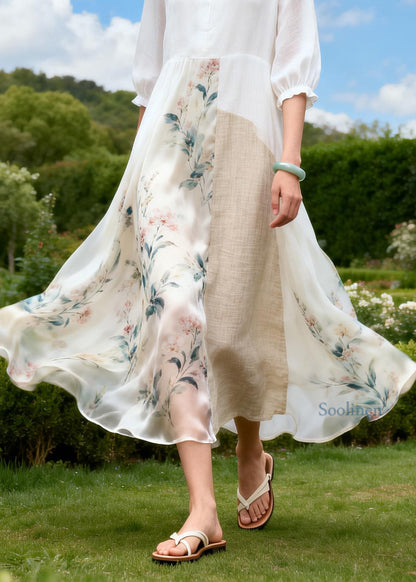New Plus Size Ruffled Print Patchwork Linen Silk Dress Summer