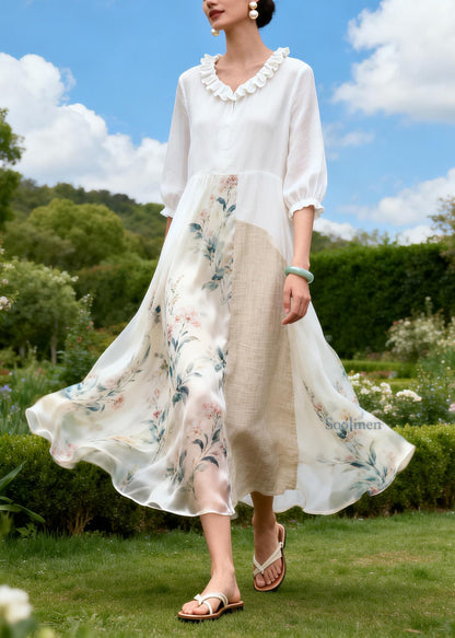 New Plus Size Ruffled Print Patchwork Linen Silk Dress Summer