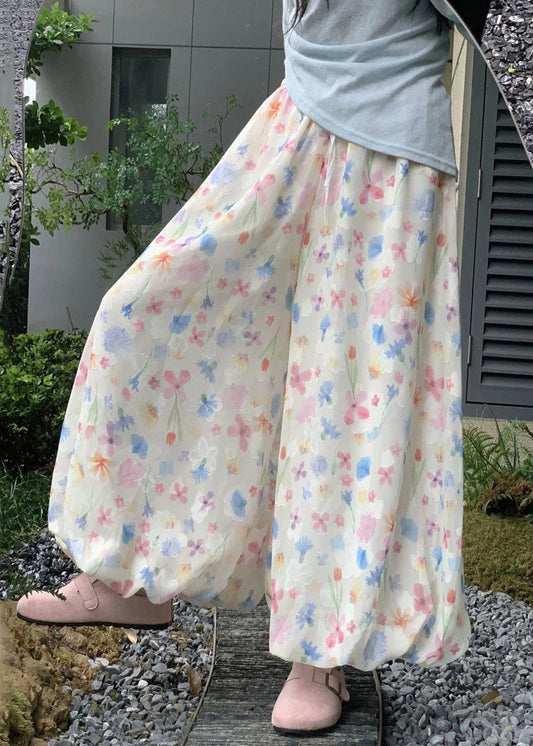 New Print Elastic Waist Cotton Wide Leg Pants Summer
