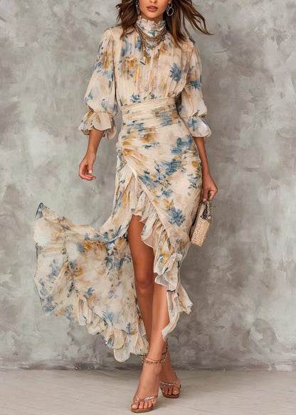 New Print Hign Neck Asymmetrical Design Ruffled Patchwork Chiffon Dress Summer