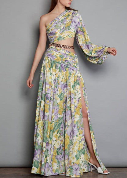 New Print One Shoulder Chain Linked Side Open Chiffon Long Dress Summer