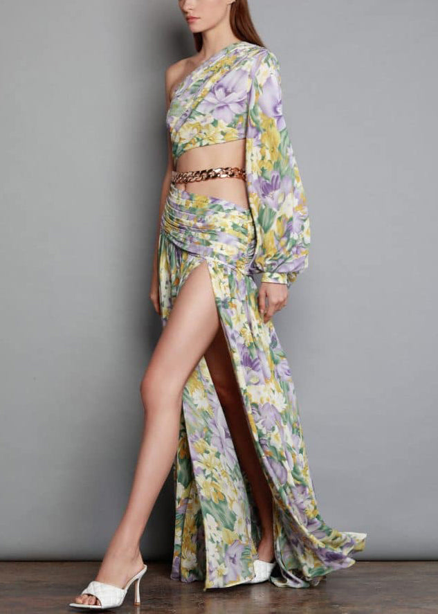 New Print One Shoulder Chain Linked Side Open Chiffon Long Dress Summer