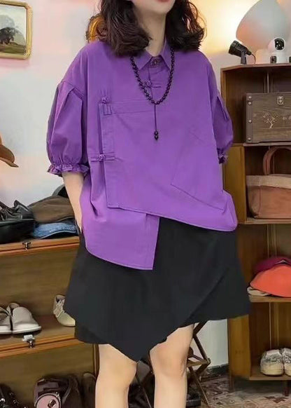 Neues lila asymmetrisches Baumwoll-Zweiteiler-Set mit Knopftaschen für den Sommer