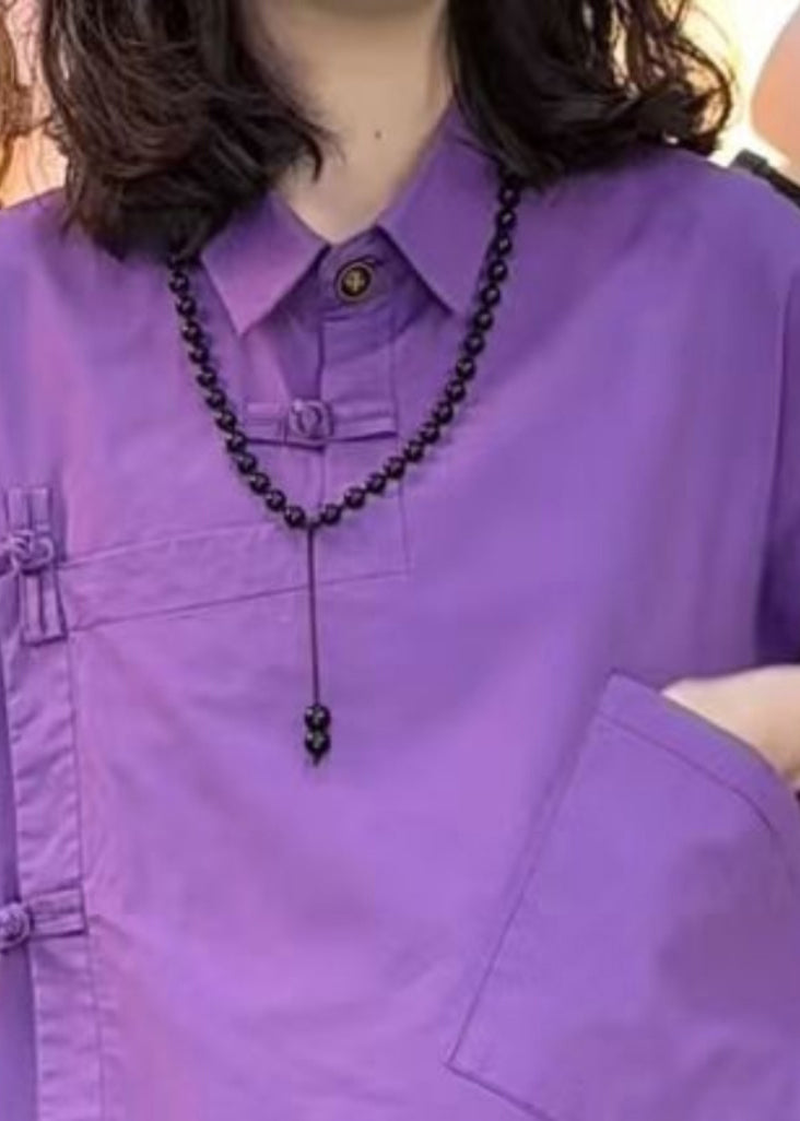 Neues lila asymmetrisches Baumwoll-Zweiteiler-Set mit Knopftaschen für den Sommer