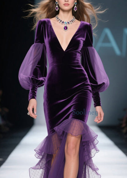 Nuevo vestido morado de terciopelo con patchwork y volantes asimétricos para primavera