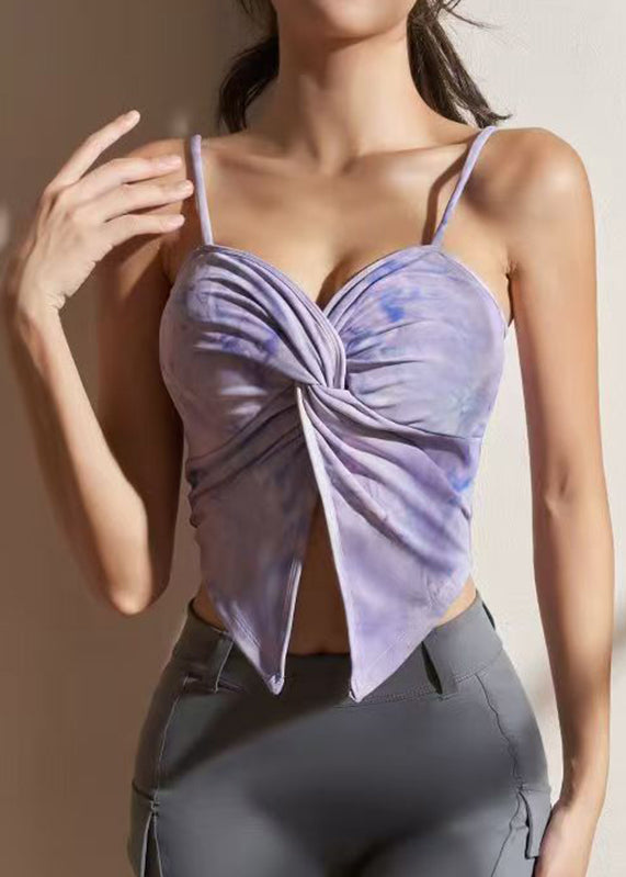 Neues lila Crop-Top mit Cut-Shoulder-Patchwork-Details fürs Workout