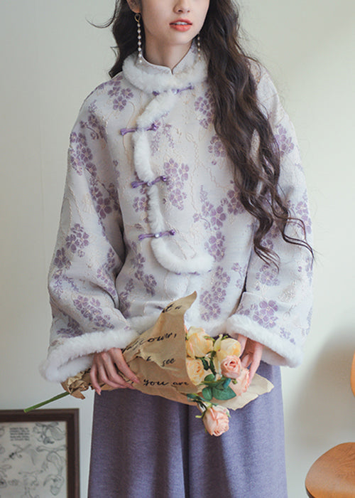 Nuevas parkas de invierno con cuello de piel morado, botones y patchwork de algodón.