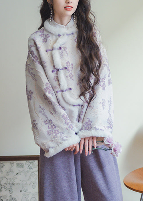 Nuevas parkas de invierno con cuello de piel morado, botones y patchwork de algodón.