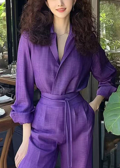 New Purple Lace Up Pockets Shirts And Pants Cotton Two Piece Set Spring