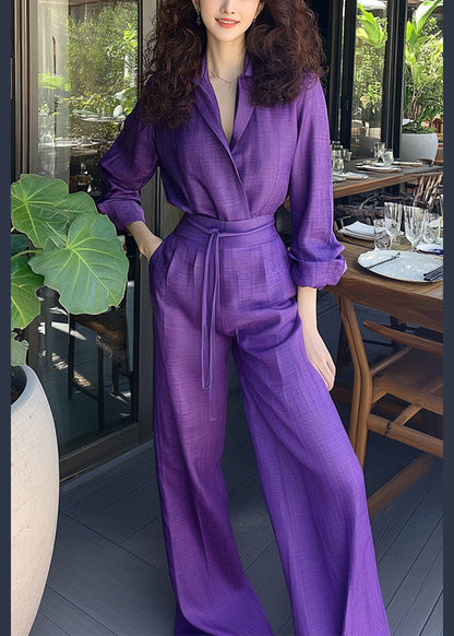 New Purple Lace Up Pockets Shirts And Pants Cotton Two Piece Set Spring