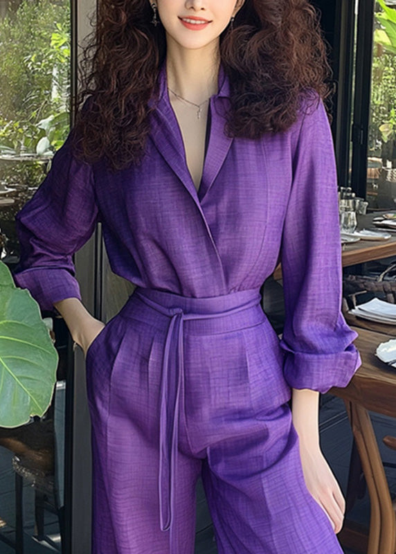 New Purple Lace Up Pockets Shirts And Pants Cotton Two Piece Set Spring