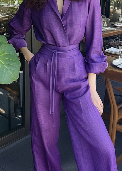 New Purple Lace Up Pockets Shirts And Pants Cotton Two Piece Set Spring