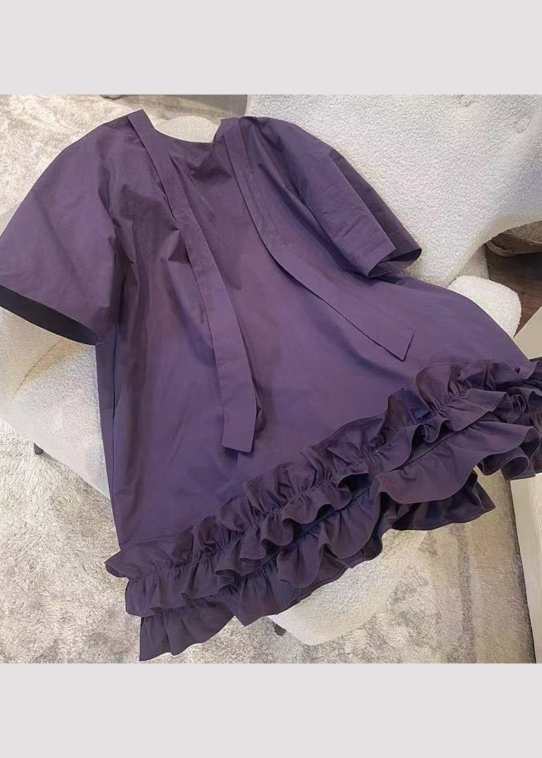 New Purple O Neck Ruffled Patchwork Cotton Mid Dresses Summer