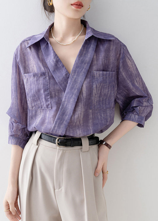 New Purple Peter Pan Collar Striped Pockets Cotton Shirts Summer