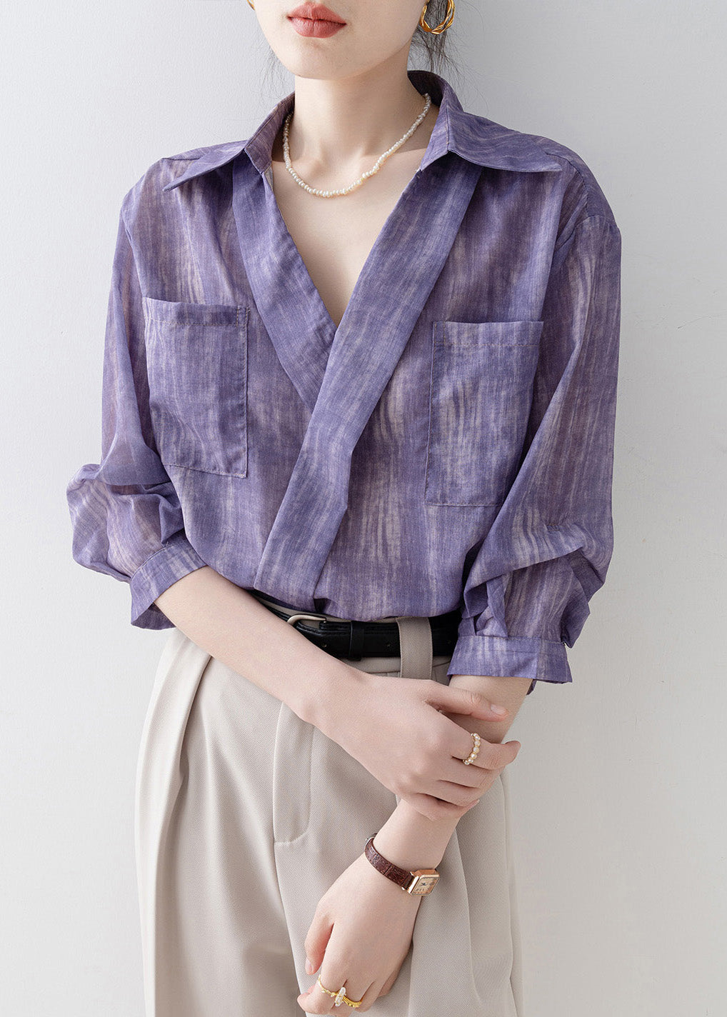 New Purple Peter Pan Collar Striped Pockets Cotton Shirts Summer