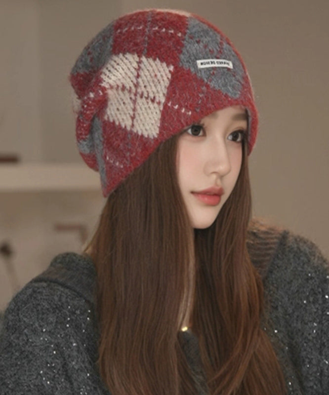 Neue lila karierte, kuschelige, warme Strickmütze Bonnie