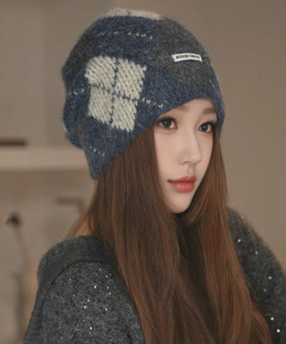 Neue lila karierte, kuschelige, warme Strickmütze Bonnie