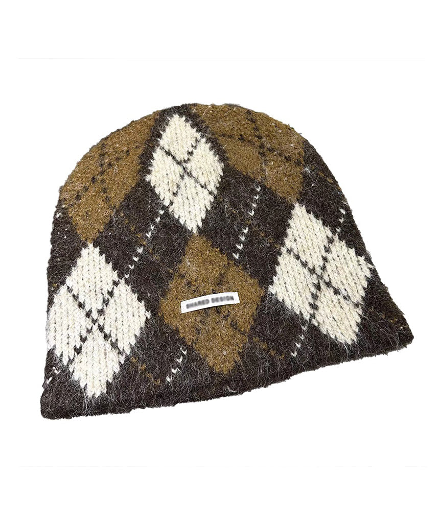 Neue lila karierte, kuschelige, warme Strickmütze Bonnie