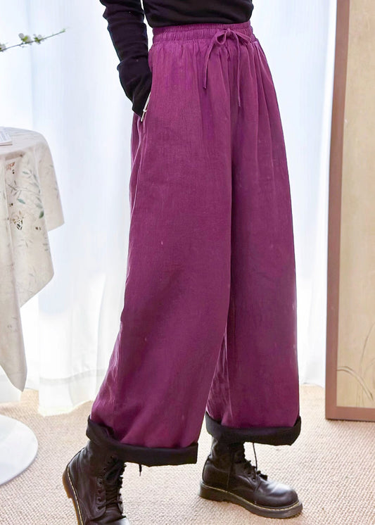 New Purple Pockets Elastic Waist Fine Cotton Filled Pants Winter